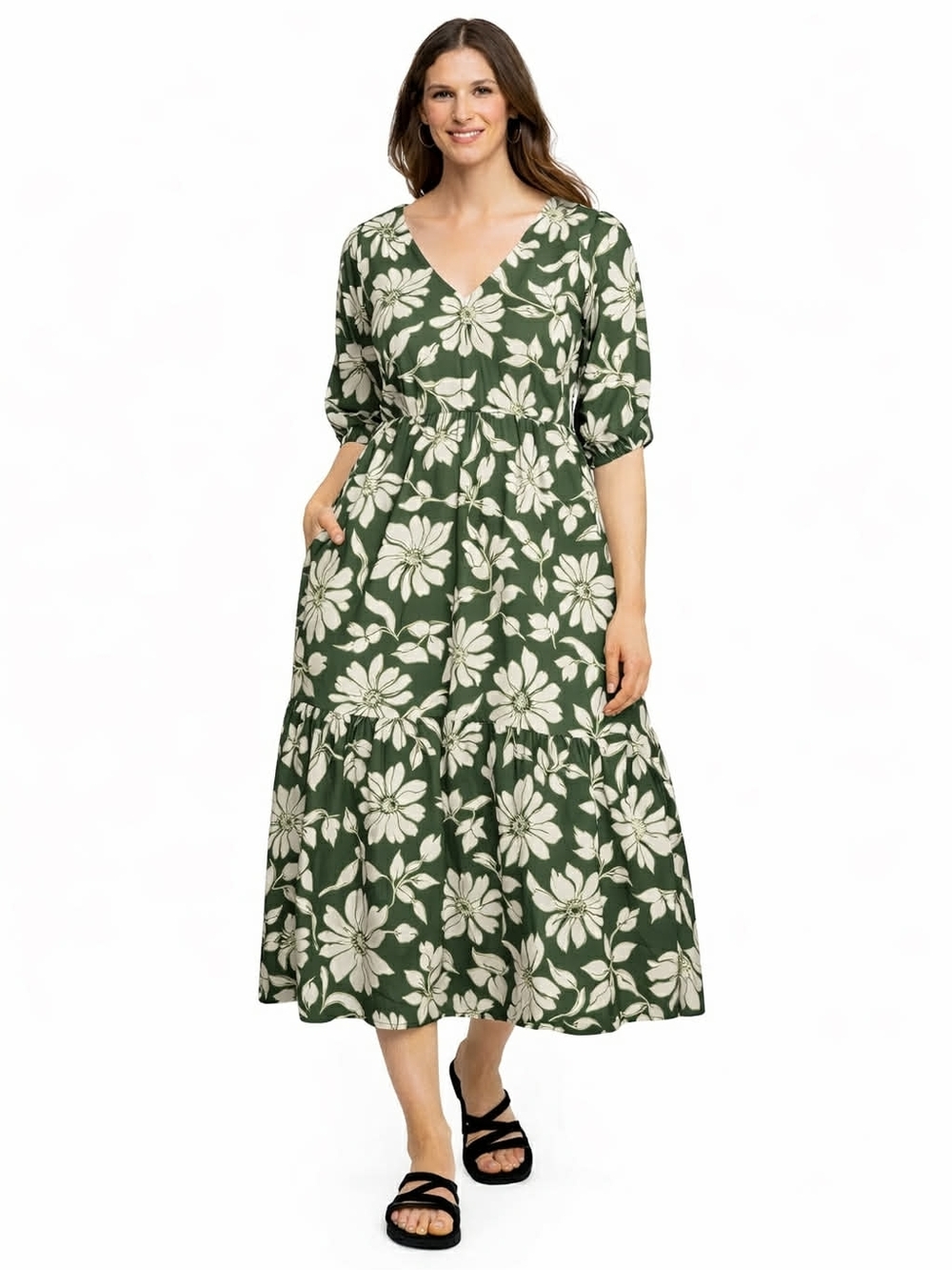 NWOT George V-Neck Tiered Floral Midi Dress with Pockets Relaxed FIT, SZ SMALL